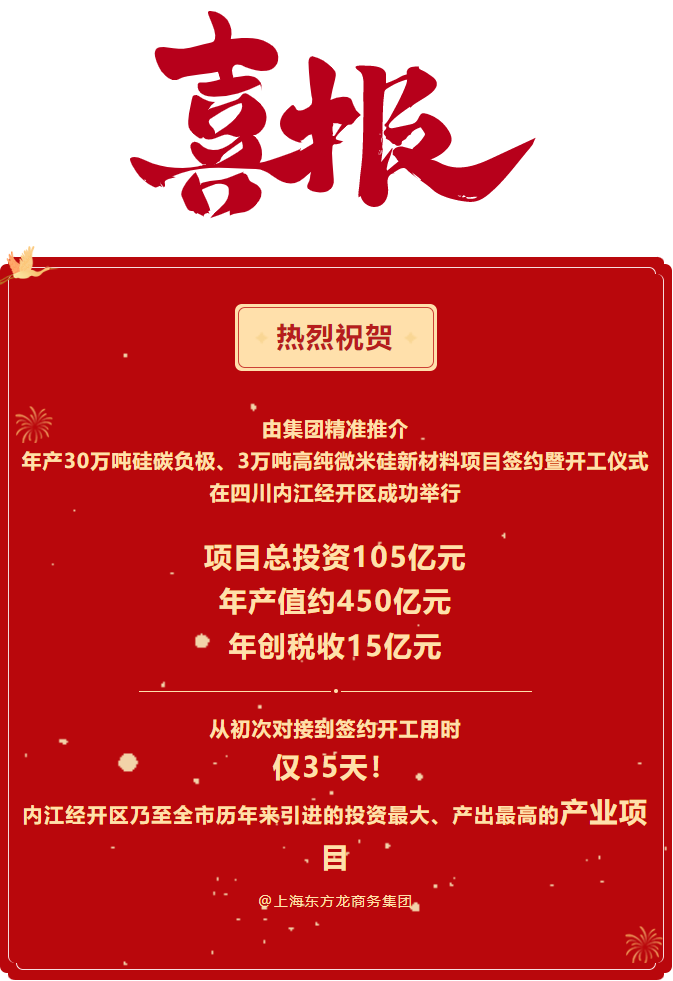 熱烈祝賀  由集團精準推介  年產(chǎn)30萬噸硅碳負極、3萬噸高純微米硅新材料項目簽約暨開工儀式在四川內(nèi)江經(jīng)開區(qū)成功舉行    項目總投資105億元  年產(chǎn)值約450億元  年創(chuàng)稅收15億元     從初次對接到簽約開工用時 僅35天！ 內(nèi)江經(jīng)開區(qū)乃至全市歷年來引進的投資最大、產(chǎn)出最高的產(chǎn)業(yè)項目 @上海東方龍商務集團